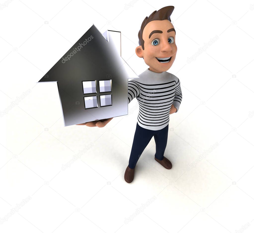 Fun 3D cartoon casual character with house