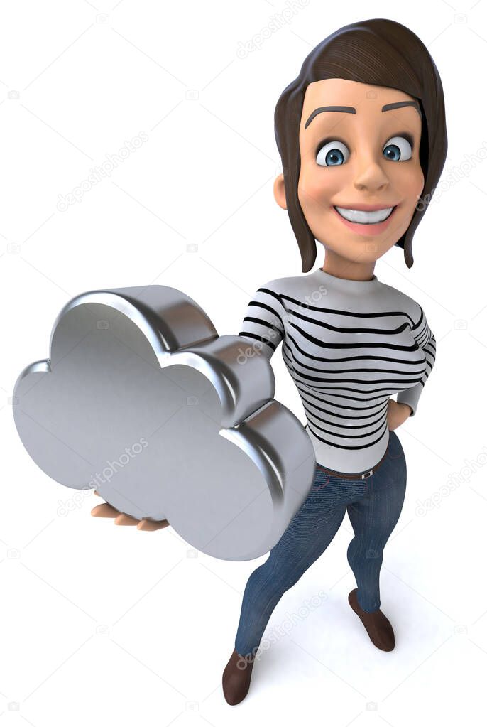 Fun 3D cartoon casual character woman with cloud