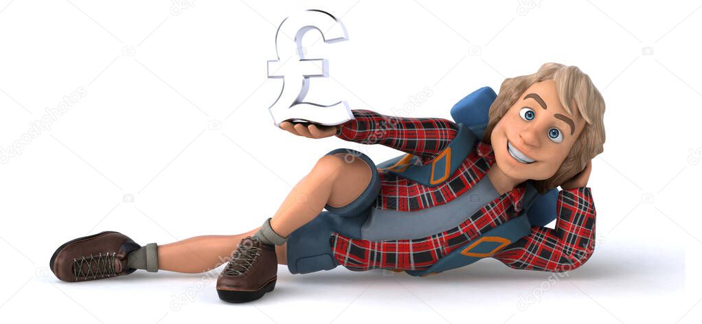 Fun backpacker cartoon guy  with pound - 3D Illustration