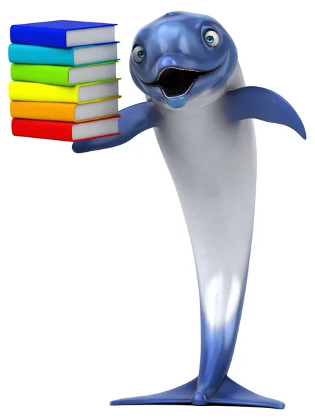 Rolig Delfin Med Böcker Illustration — Stockfoto