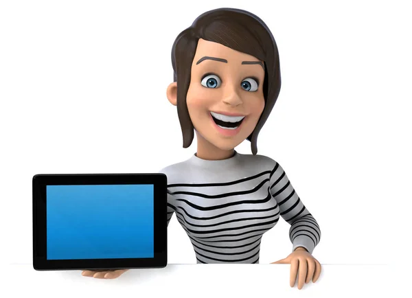 Divertimento Cartone Animato Casual Personaggio Donna Con Tablet — Foto Stock