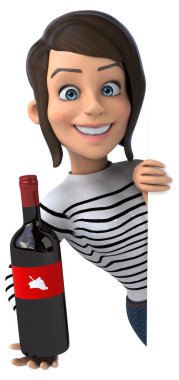 Eğlenceli 3D karikatür. Sıradan karakterli kadın şaraplı. 