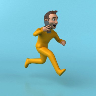 Eğlenceli 3D çizgi film telefonlu sarı karakter
