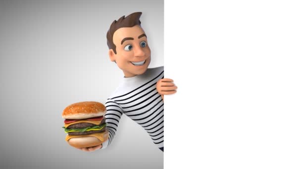 Leuke Cartoon Casual Karakter Met Hamburger — Stockvideo