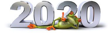 Eğlenceli üç boyutlu yeşil çizgi film kurbağası. 2020