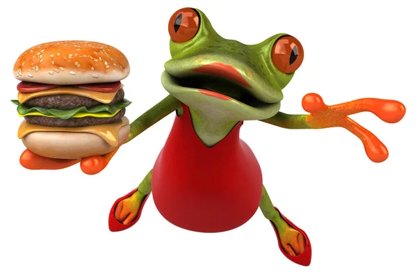 ハンバーガーと楽しいカエル 3Dイラスト — ストック写真