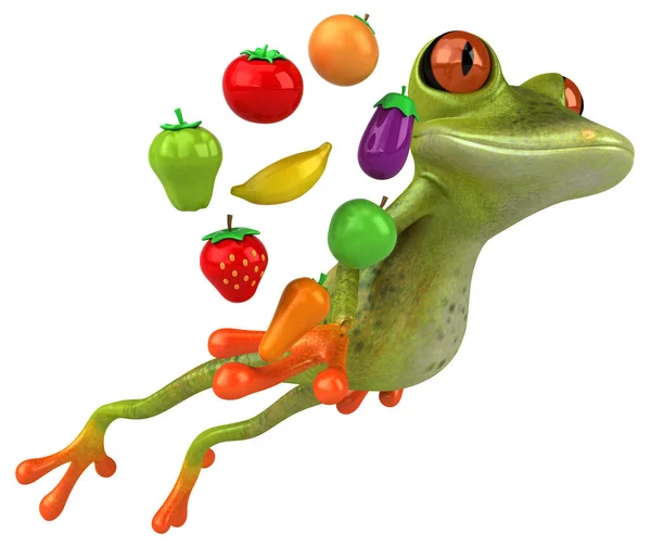 果物と楽しいカエル 3Dイラスト — ストック写真