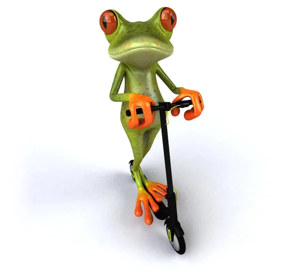 滑板车上有趣的3D绿色卡通青蛙 — 图库照片