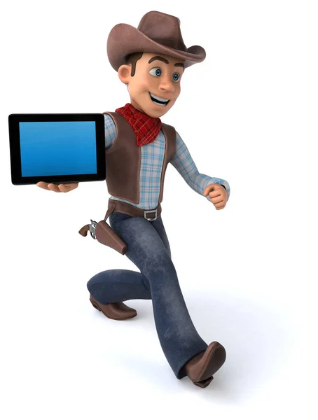 有趣的牛仔与平板电脑 3D插图 — 图库照片