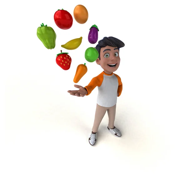 有趣的3D卡通亚洲青少年与水果 — 图库照片