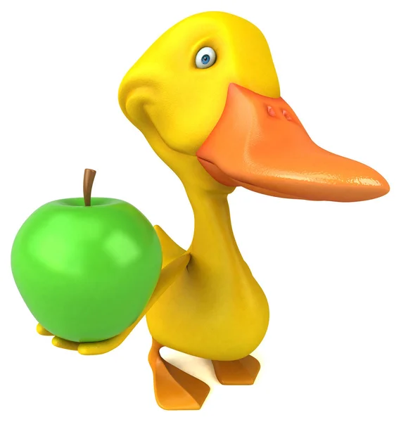 有苹果3D插图的有趣鸭 — 图库照片