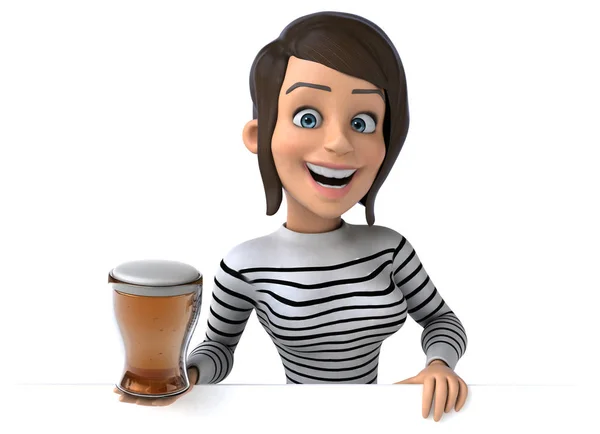 楽しいです3D漫画カジュアルキャラクター女性とともにビール — ストック写真