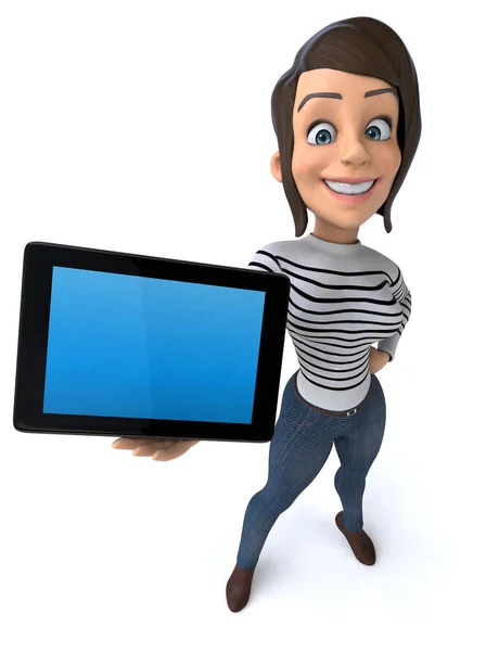 Divertimento Cartone Animato Casual Personaggio Donna Con Tablet — Foto Stock