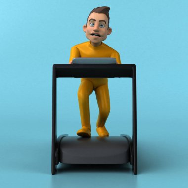 Eğlenceli üç boyutlu çizgi film sarı karakter çalışıyor.