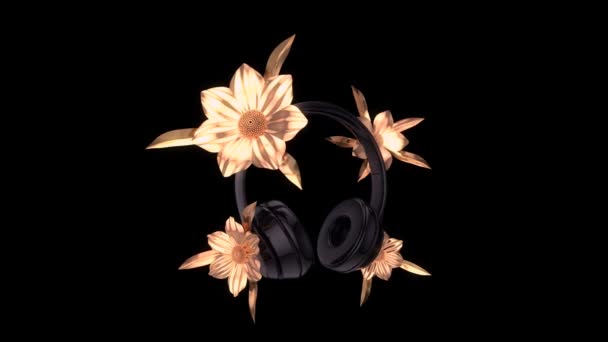 Kopfhörer Und Goldene Blumen Schöner Abstrakter Hintergrund Animation — Stockvideo