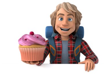 Komik sırt çantalı, kapkeki olan karikatürcü adam - 3D Resim