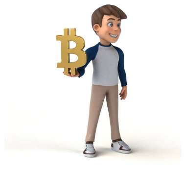 3 boyutlu karikatür karakteri Bitcoin 'li eğlenceli genç 