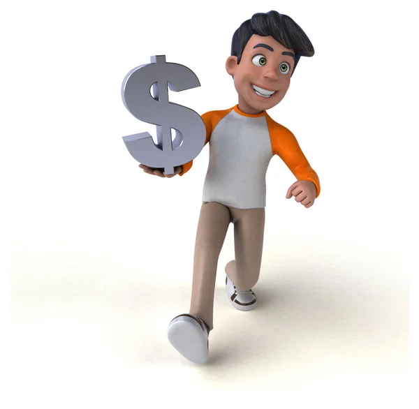 Fun 3D cartoon Asian teenager with dollar  - 3D Illustration