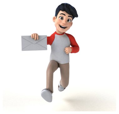 Manga tarzı enevelope ile eğlenceli bir Asyalı genç.