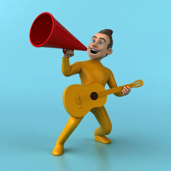Zabawa Kreskówki Żółty Charakter Gitarą — Zdjęcie stockowe