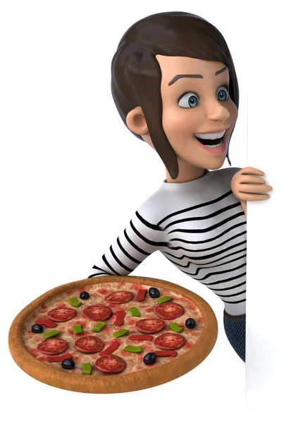 楽しいです3D漫画カジュアルキャラクター女性とともにピザ — ストック写真