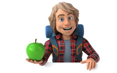 Elmalı komik sırt çantalı karikatürcü. 