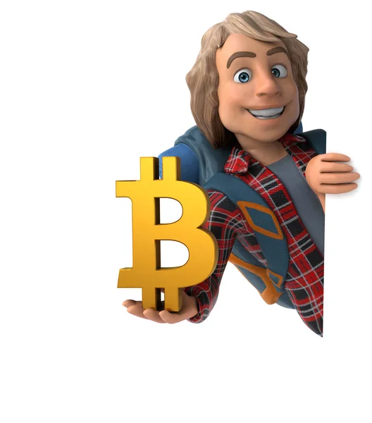Rolig Backpacker Tecknad Kille Med Bitcoin — Stockfoto