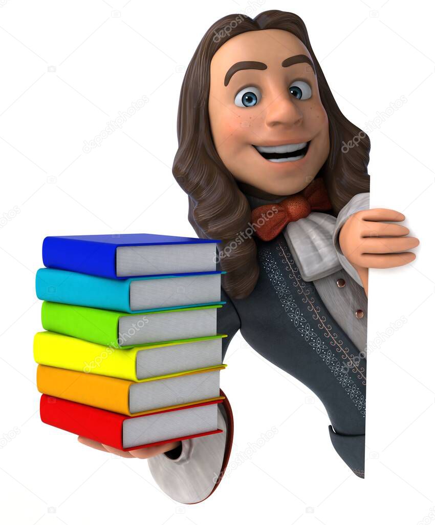 3D Illustration of a cartoon man in historical baroque costume with books 