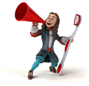 Tarihi barok kostümlü, diş fırçalı bir karikatürcünün 3 boyutlu resmi. 