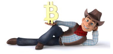 Bitcoin ile Eğlence Kovboyu - 3D İllüstrasyon