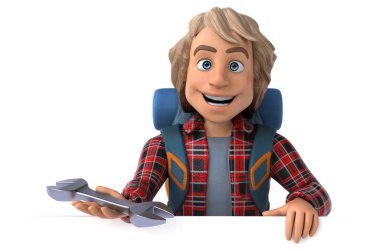 Aracı olan eğlenceli sırt çantalı çizgi film adamı. 