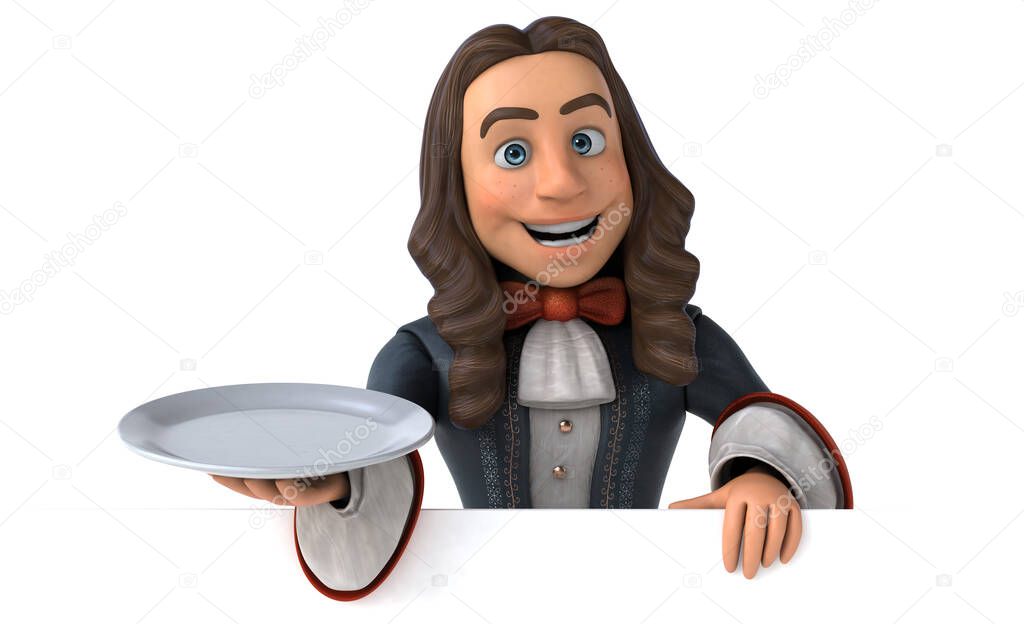 3D Illustration of a cartoon man in historical baroque costume with plate 