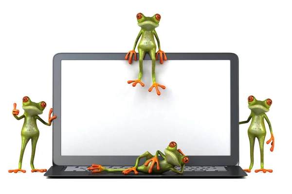 Illustratie Van Groene Kikkers Naast Een Laptop — Stockfoto