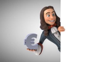 Tarihsel barok kostümlü, Euro 'lu bir çizgi film karakterinin 3D animasyonu.  