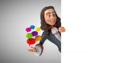 Tarihsel barok kostümlü, köpüklü bir karikatür adamın 3D animasyonu.