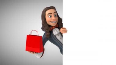Tarihi barok kostümlü, çantalı bir karikatürcünün 3 boyutlu animasyonu. 