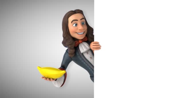 Animation Ενός Ανθρώπου Κινουμένων Σχεδίων Ιστορική Μπαρόκ Κοστούμι Μπανάνα — Αρχείο Βίντεο
