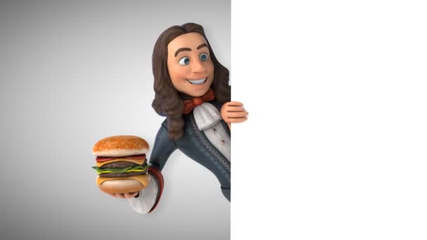 Animation Eines Cartoon Mannes Historischen Barockkostüm Mit Burger — Stockvideo