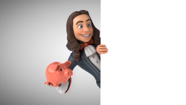 Animation Cartoon Man Historical Baroque Costume Piggy Bank — Stock Video