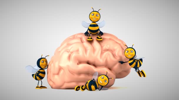 在大脑旁边的3D有趣的蜜蜂 — 图库视频影像