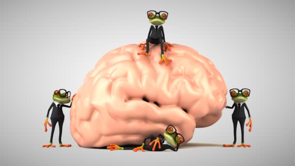 在大脑旁边的绿色青蛙3D — 图库视频影像