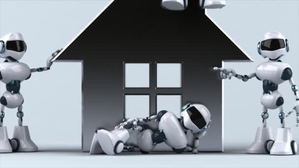 Robots Divertidos Lado Una Casa — Vídeo de stock