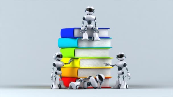 书籍旁边的有趣的机器人 — 图库视频影像