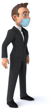 Maskeli bir karikatür karakteri işadamının 3 boyutlu resmi