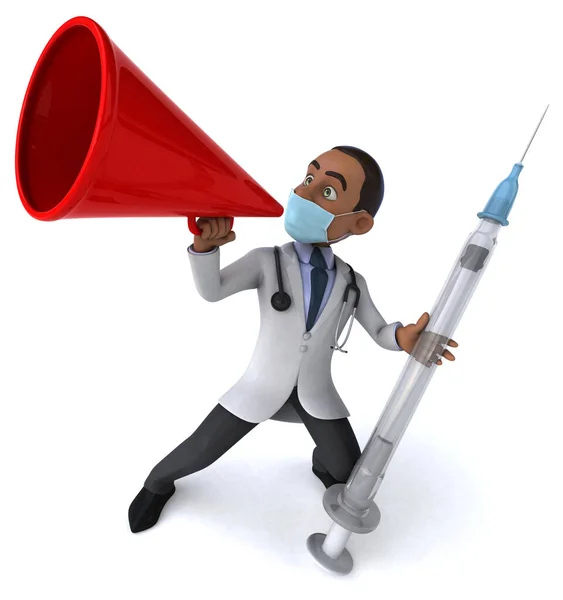 Illustration Einer Zeichentrickfigur Arzt Mit Einer Maske Hält Spritze — Stockfoto