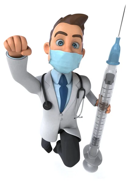 Illustration Einer Zeichentrickfigur Arzt Mit Einer Maske Hält Spritze — Stockfoto