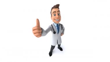 Baş parmağı beyazın üstünde olan eğlenceli bir çizgi film doktoru.