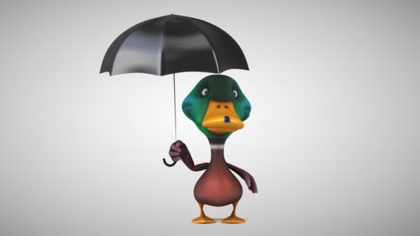 Divertido Pato Con Paraguas Negro Mano — Vídeo de stock