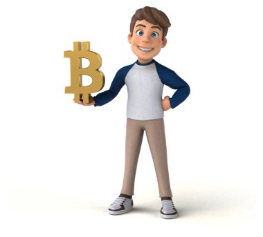 3 boyutlu karikatür karakteri Bitcoin 'li eğlenceli genç 
