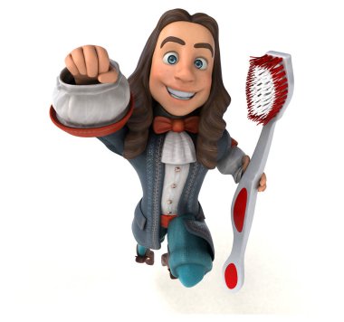 Tarihi barok kostümlü, diş fırçalı bir karikatürcünün 3 boyutlu resmi.